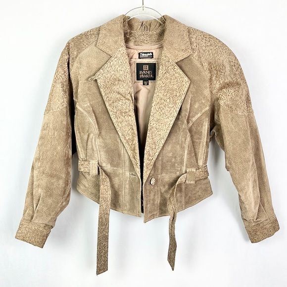 BYRNES & BAKER |✨VINTAGE 80s!!✨Tan Animal Print Suede Tied Leather Jacket Coat - Picture 7 of 16
